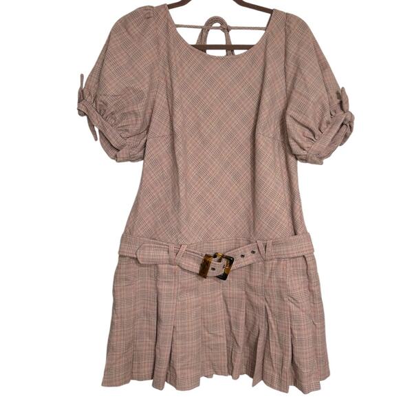 Free People Sevi Plaid Mini Dress Women's XL Drop Waist Belt Pleated Pink NEW - Picture 2 of 8